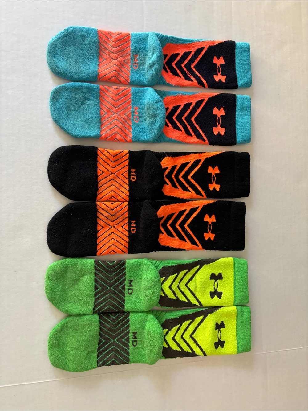 Under Armour Boys YM 3-Pack Athletic Socks in Teal, Black, Neon Green & Orange
